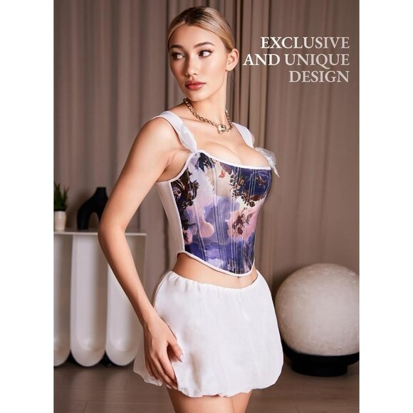 Women Print Reversible Overbust Corset Vintage Rococo Medusa Print 15 Boned - Picture 4 of 7